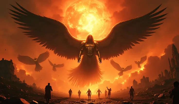 Image style:  Epic realism apocalypse , 8k.
fallen angels,  with black wings and immense ,  descending from the sky in a whirlwind of fury .  Their golden armor shines in the light of a red sun , as they let out cries of war and destruction . The sky is on...