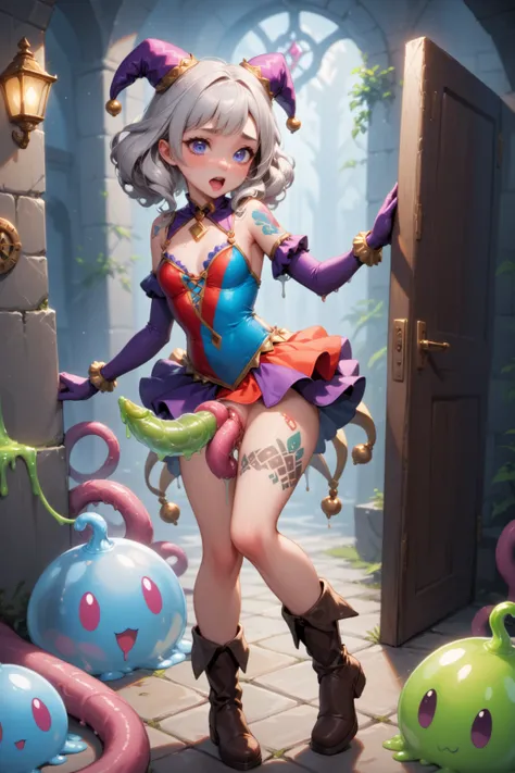 9subject 1: A gorgeous enchantress (cute, age 20, sexy small jester outfit, arcane tattoos, matching gloves, matching boots, platinum hair), struggle for her life0 in front of an an arcane door in a dungeon, the door has an intricate puzzle, (subject 2: te...