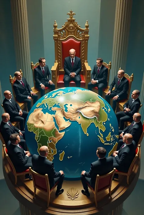 Create an image of the Earth surrounded by 10 men seated on thrones dressed in suits