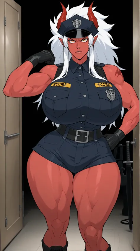 Oni woman, demon girl, bulk, strong, black swat officer outfit, strong woman, mini shorts blue, sleeveless white hair, big hair, LONG WHITE HAIR, handsome, fierce, red horn, red skin, black glove, royal blue shorts, combat boots, masterpiece, high quality,...