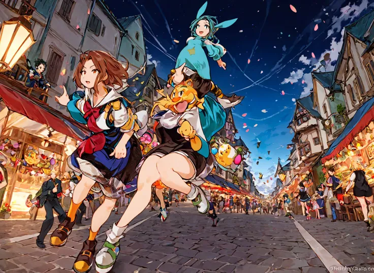 manga,  manga style, Against plônge ,  walking, manga shonen,  friends walking at the magic fair , wizards, vestidos de wizards, boys and girls,  fantasy city ,  beautiful scenery,  an animated boy and girl , A giant woman sitting in the background ,  dyna...