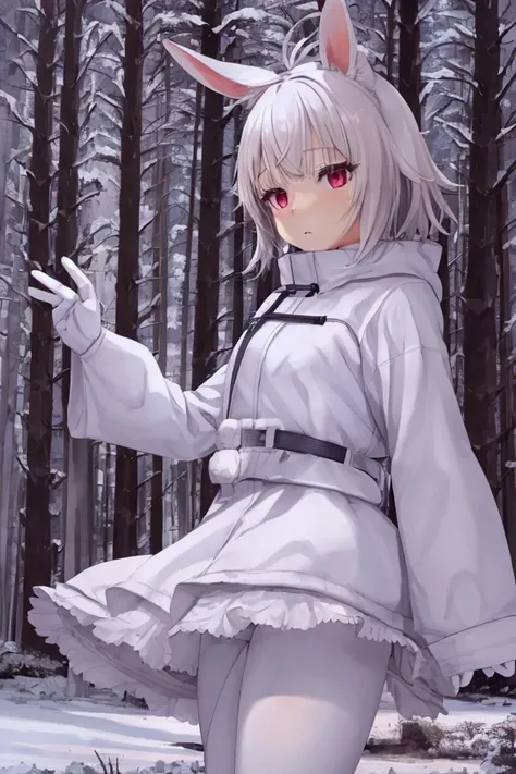 kemono, rabbit woman, cute aspect, innocent face, innocent,, white short hair, white snow clothes, short skirt, leggins,, snow, snowy forest, winter