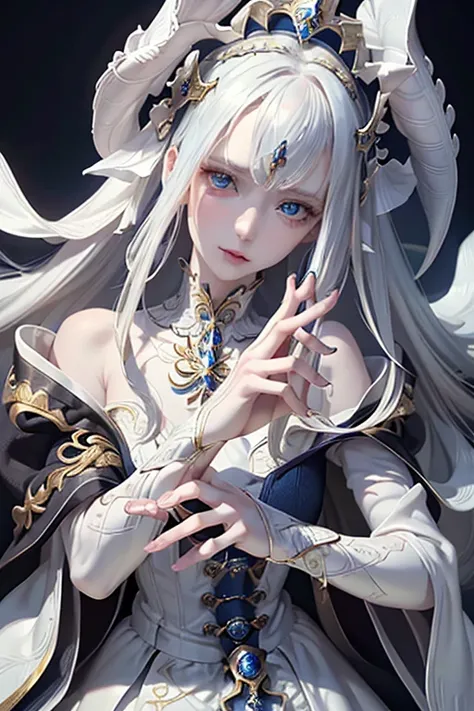   top quality 、​masterpiece、8k、woman、白hair、 dark blue eyes、White clothes、Respect、 cowboy shot 、hair、 Pale Skin、  side blade  、詳細なhair、  detailed eyes  、  detailed face、Detailed mouth、 ((( detailed hands ))) 、  (((Fine fingers)))  、  slender body、Detailed c...