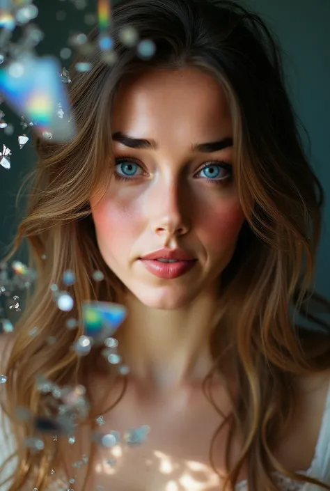 A woman with long, wavy brown hair and fair skin, surrounded by shattered glass or delicate crystal prisms that catch and refract the light. The reflections create a kaleidoscopic effect across her face, casting fragmented rainbows over her skin. Her expre...