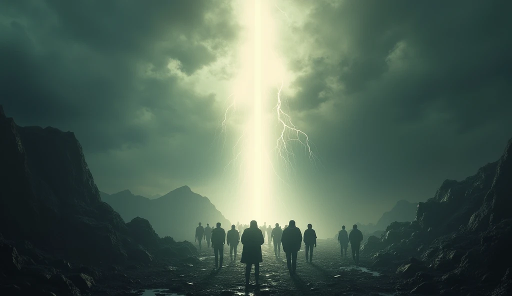 Image style:  Epic realism apocalypse , 8k.
 A high mountain with a violent storm surrounding .  at the city centre, a pure and intense light descends from the sky ,  cutting through the darkness and illuminating the path for a group of survivors. The ligh...