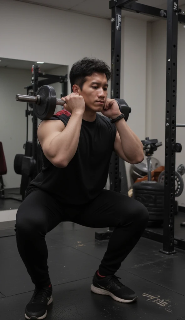 A thin man is in a gym, black hair, short curly hair, short hair, wearing a loose black shirt, and black pants, he is holding a dumble, holding a heavy burden, he also wears black shoes white