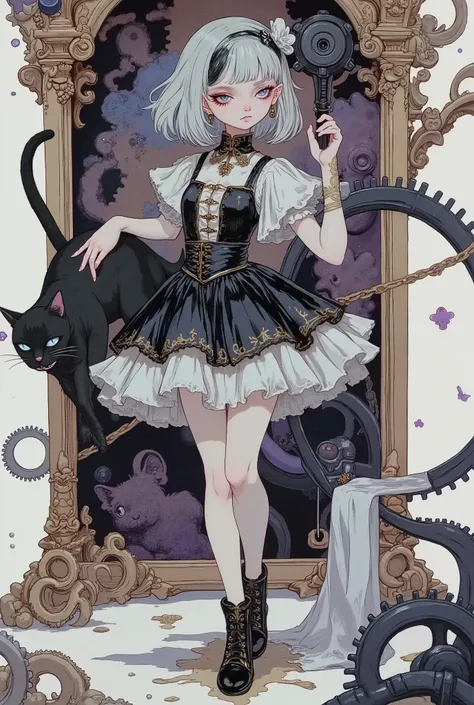(masterpiece, perfect detail), ( 1girl , doll body, ball jointed doll, ball jointed, anatomy correct, Silver short bob, with bangs and eyes hidden , Purple Lips, Sleeveless gothic dress composed of black and white, Frills folded over and over, frill hea...