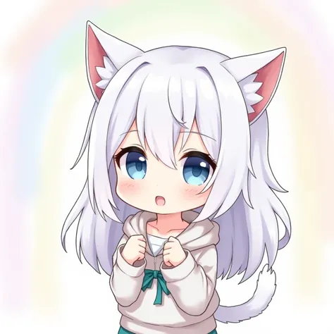 Girl with cat ears and hood、nyaruko-san, nice!!  chibi!!!   Neferpitot, nice  chibi,  Maple Story , 、 chibi、  what style is Nendoroid , senko-sa  , kawaii  chibi,  minimalist、 chibiキャラ、 mini characters、White Hair Girl、 blue eyes 、 has a rainbow color backg...