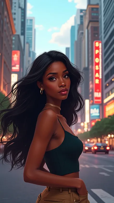 A beautiful black woman with long hair wearing casual clothes in the city (detail) 