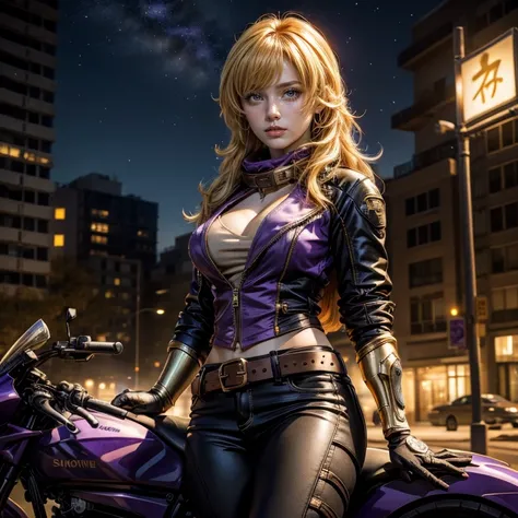 nighttime, stars, yangxiaolong, yang xiao long, long hair, blonde hair, (purple eyes:1.3), ahoge, bangs, BREAK cleavage, jacket, black pants, belt, mechanical arms, single mechanical arm, prosthesis, prosthetic arm, smile, BREAK outdoors, post apocalyptic ...