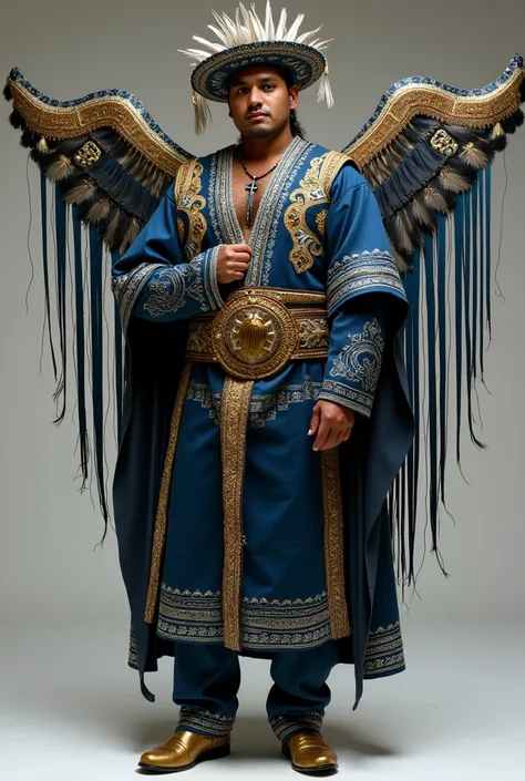 Men's costume :  Elegant Guardian of Nature

Clothing :

1. top:

 Deep blue shirt with silver embroideries that represent waves and Andean geometric figures .

 Gold vest with embroidered details on the edges ,  with fine lines that simulate rivers .



2...