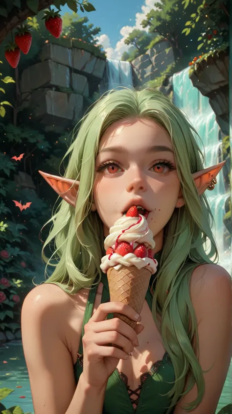 Green-haired elf boy,small nose, big red eyes , with bat wings on a beautiful field with waterfall , Eating strawberry ice cream with colored stars