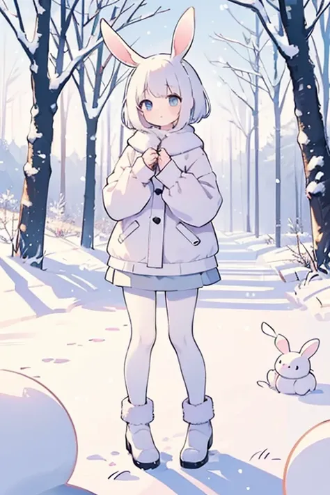 kemono, rabbit woman, cute aspect, innocent face, innocent,, white short hair, white snow clothes, short skirt, leggins,, snow, snowy forest, winter