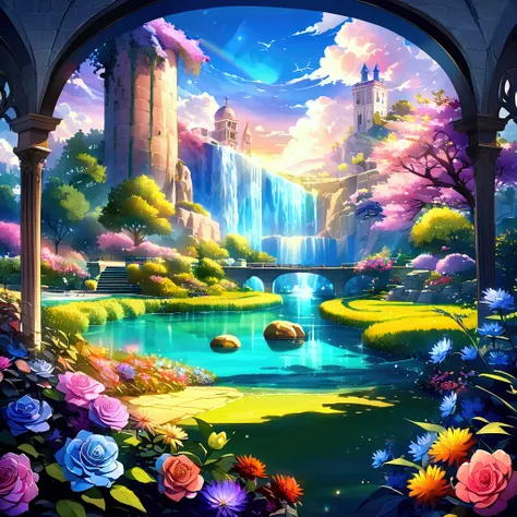 Fantastic - Painting Style Waterfall Soft painting style Brightly colored Bright light a wonderful heavenly garden, rainbow reflected on a splendid river valley of eden sea a wonderful valley,Morning sun, river, rose, pastel pink path, beautiful atmosphere...