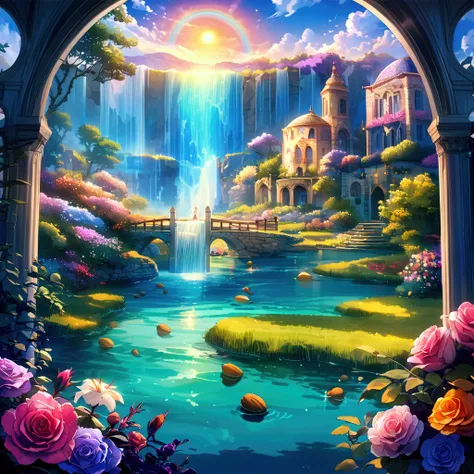 Fantastic - Painting Style Waterfall Soft painting style Brightly colored Bright light a wonderful heavenly garden, rainbow reflected on a splendid river valley of eden sea a wonderful valley,Morning sun, river, rose, pastel pink path, beautiful atmosphere...