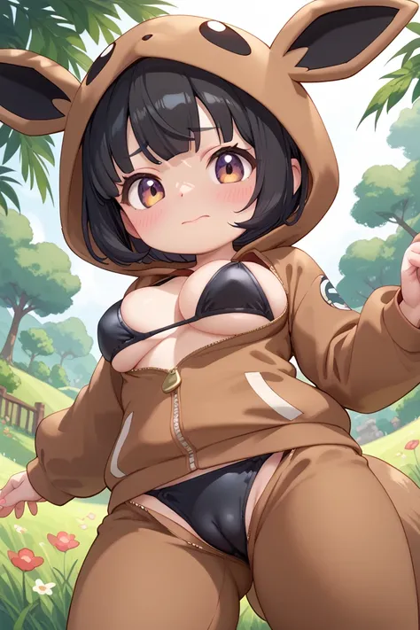 ((Big ample breasts:1.3)), (Beautiful breasts in shape), masterpiece, super detail, best quality, beautiful girl, (young 1.2) , cleavage, pokekid, hood, brown onesie, tail, embarrassed, grassland background, grass background, (black bikini 1.3), opened out...