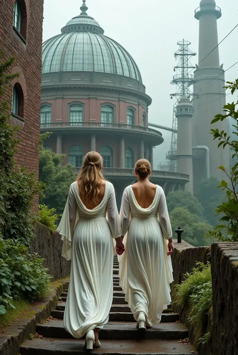 Wide hips, big booty, two pear shaped wide hips thick greek girls in white transparent pleated ancient Greek robes blown by the wind walking upstairs, white high heel platform shoes, giant greenhouse meghalitic city, green moss, old city, stairs, condignat...