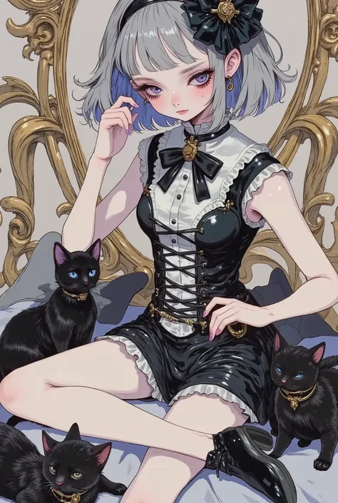 (masterpiece, perfect detail), ( 1girl , doll body, ball jointed doll, ball jointed, anatomy correct, Silver short bob, with bangs and eyes hidden , Purple Lips, Sleeveless gothic dress composed of black and white, Frills folded over and over, frill hea...