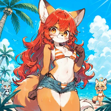 (furry, kemomo:1.5), orange fox girl, very long red hair, wild wavy hair, wolf cut hairstyle, amber eyes, expressive eyes, glasses, animal nose, nervous smile, orange fur, petite body, A-cup breast size, thick thighs, orange striped bikini top, short jean ...