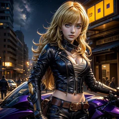 nighttime, stars, yangxiaolong, yang xiao long, long hair, blonde hair, (purple eyes:1.3), ahoge, bangs, BREAK cleavage, jacket, black pants, belt, mechanical arms, single mechanical arm, prosthesis, prosthetic arm, smile, BREAK outdoors, post apocalyptic ...