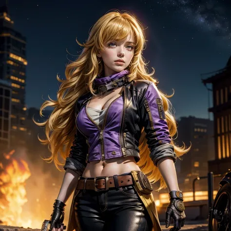 nighttime, stars, yangxiaolong, yang xiao long, long hair, blonde hair, (purple eyes:1.3), ahoge, bangs, BREAK cleavage, jacket, black pants, belt, mechanical arms, single mechanical arm, prosthesis, prosthetic arm, smile, BREAK outdoors, post apocalyptic ...