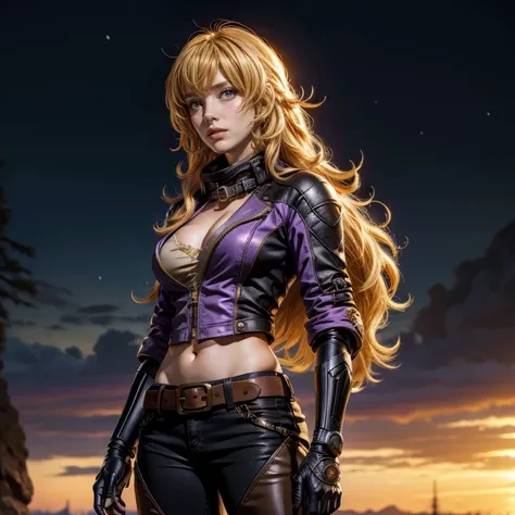 nighttime, stars, yangxiaolong, yang xiao long, long hair, blonde hair, (purple eyes:1.3), ahoge, bangs, BREAK cleavage, jacket, black pants, belt, mechanical arms, single mechanical arm, prosthesis, prosthetic arm, smile, BREAK outdoors, post apocalyptic ...