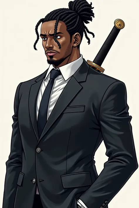 Make a tall and strong black man in anime format, has 1,90m tall,  wear dreads-style hair tied in a bun,  wears a sword on his back, one of the eyes with a scar,  wears a suit and has a tired look 