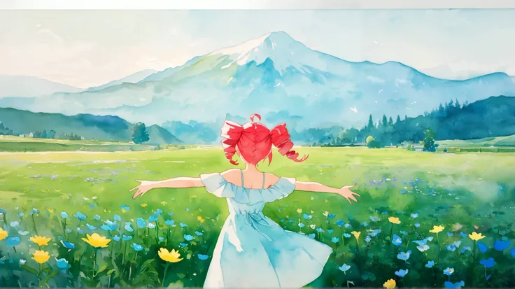  heavy sound teto,  vibrant,  masterpiece, ultra high quality, 
A soft watercolor painting of a lush green meadow with wildflowers and a serene sky, featuring delicate and blended brushstrokes.
A person spreading their arms wide in a meadow, wearing a ligh...