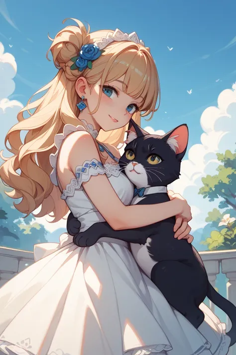  score 9、Score 8、Score 8アップ、A fragile girl(masterpiece)and 1 cat、Vision、Prairie with a view of the horizon、Clear blue sky、Light clouds、 white dress 、 black straight hair ( long)、A girl is hugging a cat