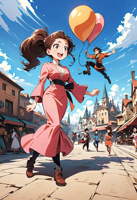 manga,  manga style, Against plônge ,  walking, manga shonen,  friends walking at the magic fair , wizards, vestidos de wizards, boys and girls,  fantasy city ,  beautiful scenery,  an animated boy and girl , A giant woman sitting in the background ,  dyna...