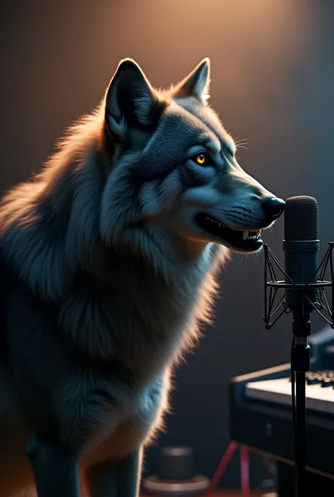 Give me a picture of a wolf singing in a recording studio 