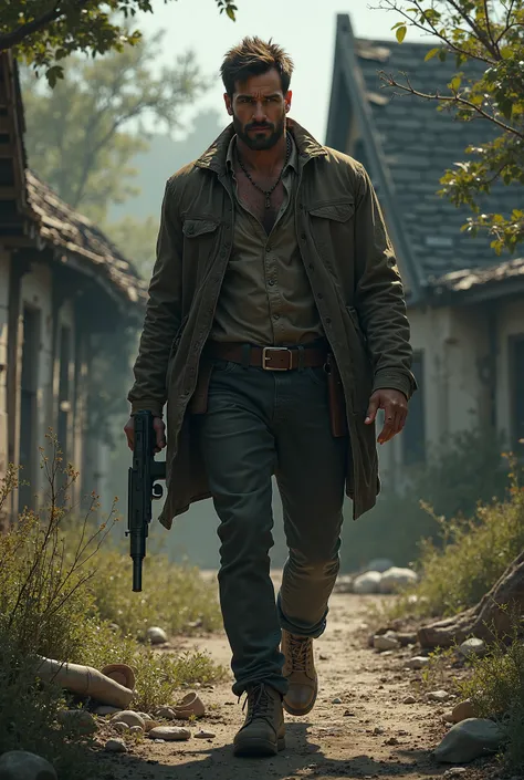 A handsome man passing in front of an old ruined house has a gun in his hand