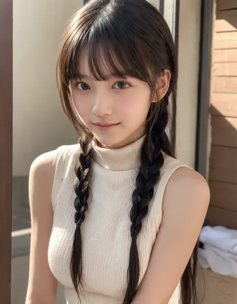  A female middle school student who emphasizes beautiful upper arms with just the right amount of muscle and seductive, attractive shoulders from a sleeveless black turtleneck knit sweater to show viewers, It shows a warm smile to the viewers、one girl,  br...