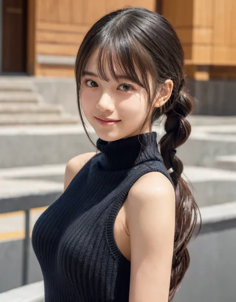  A female middle school student who emphasizes beautiful upper arms with just the right amount of muscle and seductive, attractive shoulders from a sleeveless black turtleneck knit sweater to show viewers, It shows a warm smile to the viewers、one girl,  br...