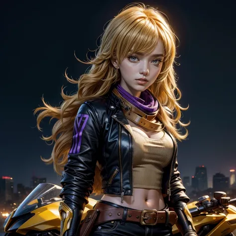 nighttime, stars, yangxiaolong, yang xiao long, long hair, blonde hair, (purple eyes:1.3), ahoge, bangs, BREAK cleavage, jacket, black pants, belt, mechanical arms, single mechanical arm, prosthesis, prosthetic arm, smile, BREAK outdoors, post apocalyptic ...