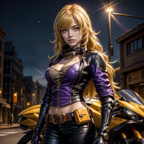 nighttime, stars, yangxiaolong, yang xiao long, long hair, blonde hair, (purple eyes:1.3), ahoge, bangs, BREAK cleavage, jacket, black pants, belt, mechanical arms, single mechanical arm, prosthesis, prosthetic arm, smile, BREAK outdoors, post apocalyptic ...