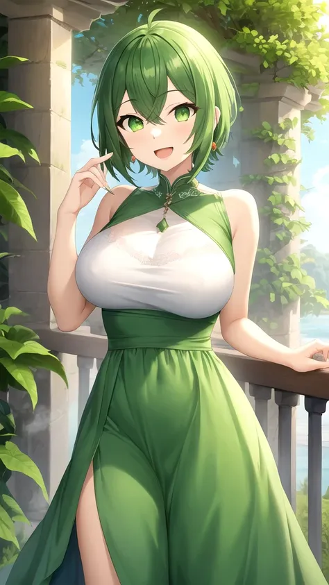 masterpiece, best quality, high quality, girl, solo, looking at viewer, shuu_iura, green hair, green eyes, hair between eyes, large breasts, princess Dress, standing, smile, open mouth, outdoors 