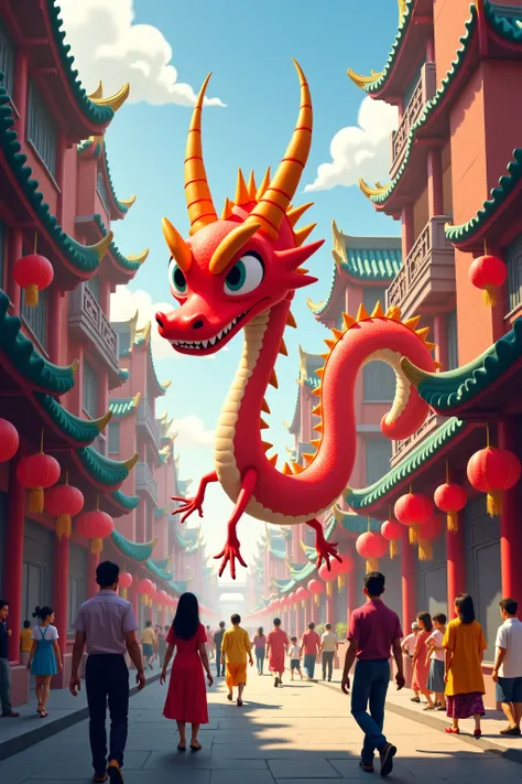 Evening metropolis of China. A  Chinese red dragon crawls along the avenue. A strong flexible body With two pairs of short legs twists bizarrely. People in traditional clothes smile affably.