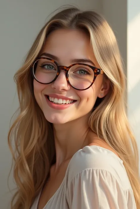 A woman with long blond hair, with a beautiful smile and with glasses 