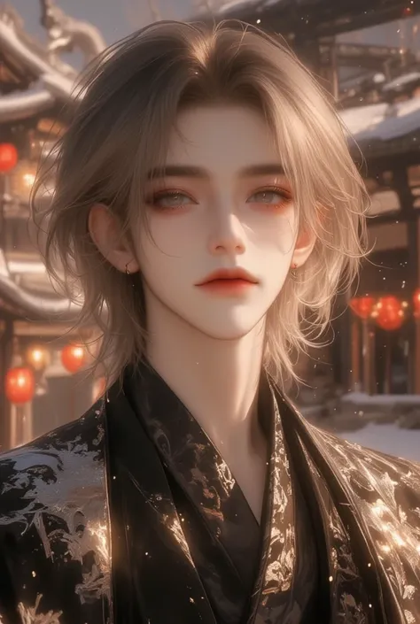  
( Great Performance),( measurements:1.2),1boy ,(Master Piece :1.3), Exquisite details , 8K high resolution, dress,   silver-gray hair ,Big eyes, with warm and soft light,( Melody Mark :1.3),(yukata black floral pattern :1.3),( lots of lanterns ),( Smooth...