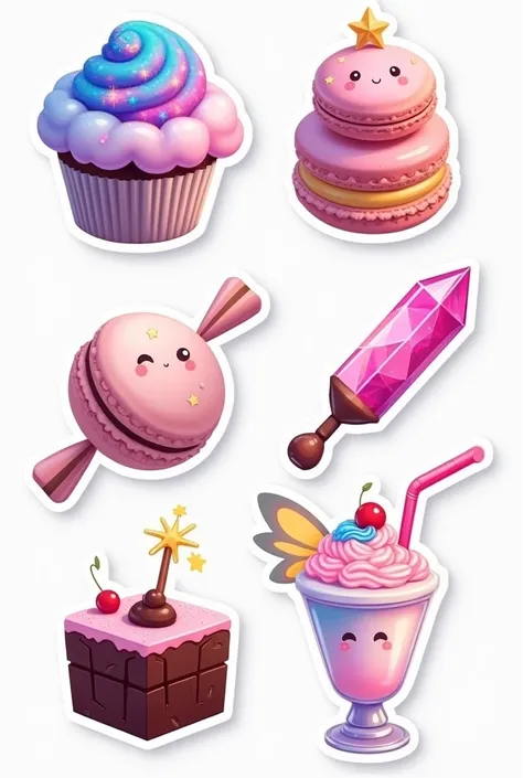 A set of 7 magical dessert stickers, including a cupcake with a tiny galaxy swirl, a glowing cotton candy cloud, a smiling macaron stack, a shimmering crystal candy, a cheerful chocolate bar with a bite mark, a dreamy pastel milkshake with a star straw, an...