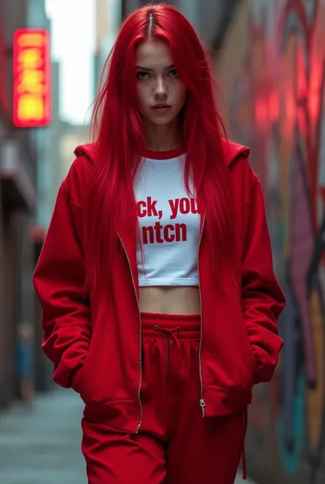  A young woman with intense red eyes that exude confidence and intensity . Her long straight red hair is styled in a loose and voluminous babyliss,  falling forward with a vivid glow .  She wears a red sweatshirt , with the zipper open, beating above the n...