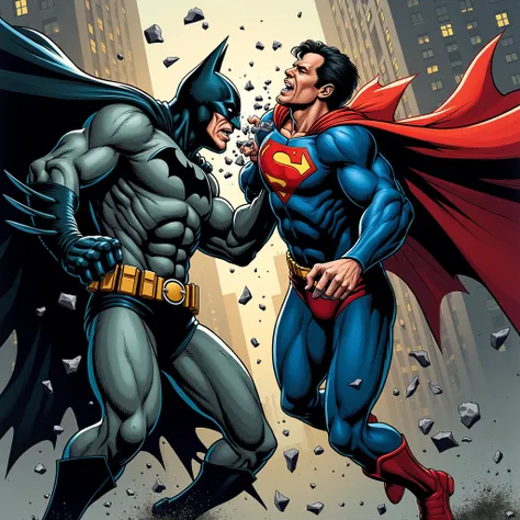 Comics style, Batman beats Superman in a fight, Superman is torn apart by Batman in a fight,  Batman  Defeats  Superman , Batman breaks superman in half, Superman Screams in Panic and pain, 