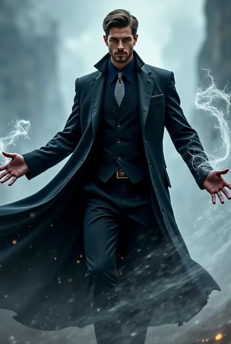 Handsome sorcerer in a black robe wearing a black suit with a gray tie underneath , Using wind magic in a fight