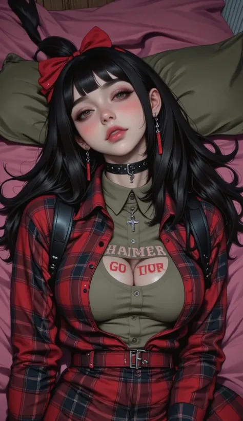  old woman lying in bed under an old pink blanket,   with a hoop and  ,    ,   There is an olive green pillow under her head  ,   inspired Red black plaid mini skirt with inscription  ,  shiny black hair , fringe,   looking at camera  ,    looking at camer...