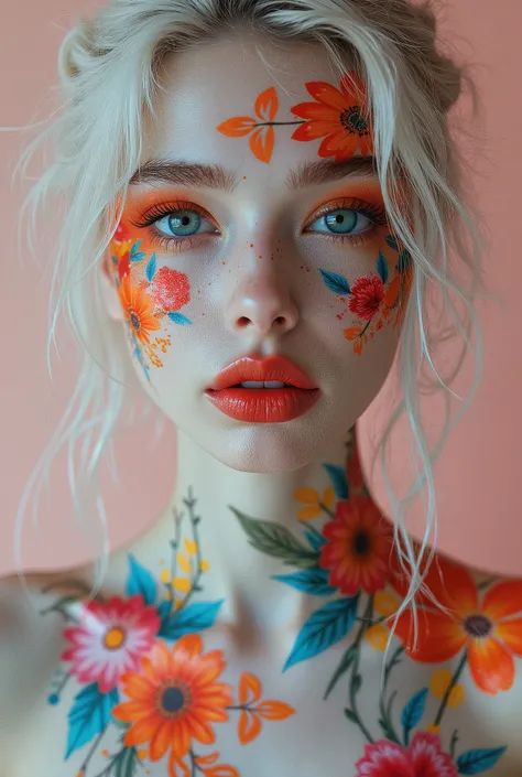 ((hyperrealistic full body)), a young woman with colorful, detailed flowers painted or tattooed on her face and body, neck, shoulders, and waist. ((symmetrical waist)), a model's pose, her face is in focus, and is a white hue evoking fine porcelain. Her se...