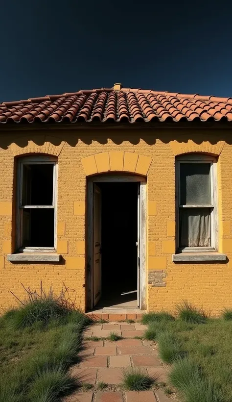 Far off in the distance, bird's eye view, Long wide shot, in the distance on a grassy plain is a very old building made of large ochre/ yellow sandstone bricks and tiled roof although some are missing, the sky behind the abandoned building is jet-black, th...