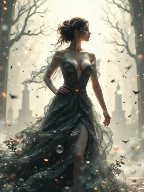  high quality,  masterpiece, HD,  a beautiful double exposure, a goddess silhouette , a royal image of a lady from the Renaissance, beautiful dress,  Figur