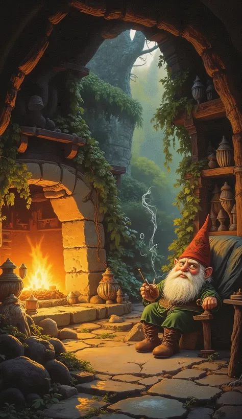 gnome holding a wooden pipe and releasing smoke rings from his mouth