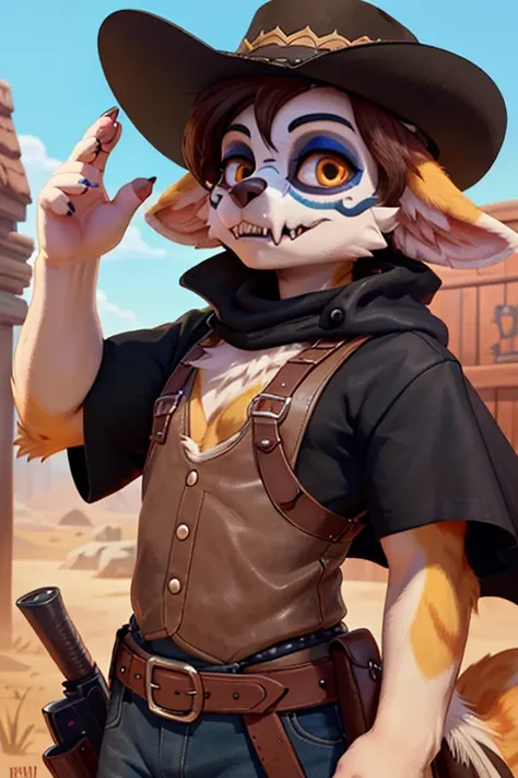  The image presents an anthropomorphic character with a striking appearance And a visual inspired by the Wild West with dark and mystical elements.  Here's a detailed description :  

### ** Physical Features :**  
- **head:**  The character has an animal ...